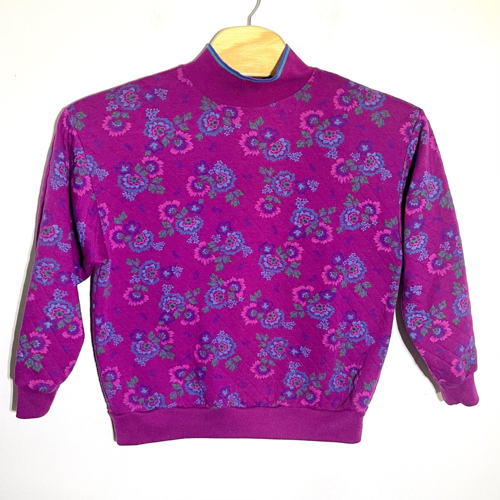 Vintage Floral Mock Neck Quilted Pullover Top Purple Pink Blue Flowers Size‎ M
